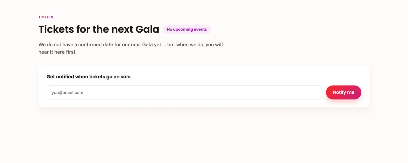 The first-pass Tickets section: heading, a “No upcoming events” pill, and an email capture card